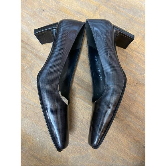 Stuart Weitzman Block Heel Plaid Black Satin Sheen Pump Heels, Sz 9 AAA, MP $400 - Picture 1 of 6